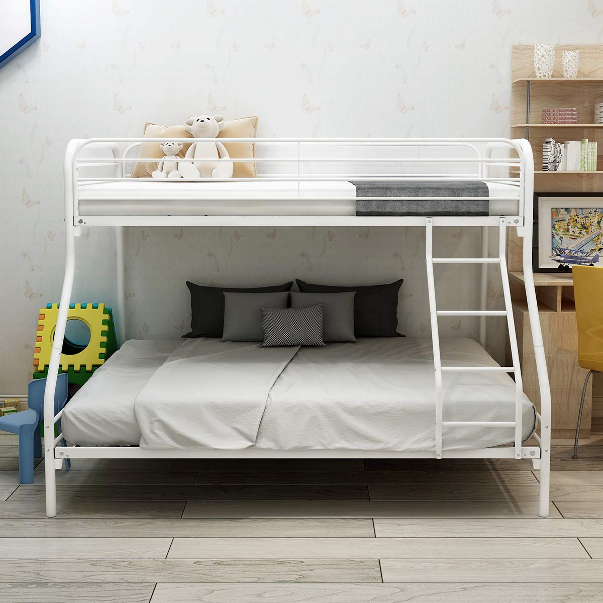 Miscoos Heavy Duty Twin-Over-Full Metal Bunk Bed, Easy Assembly, Enhanced Guardrail, Powder Coated, White, 77.95" L x 56.3" W x 58.66" H