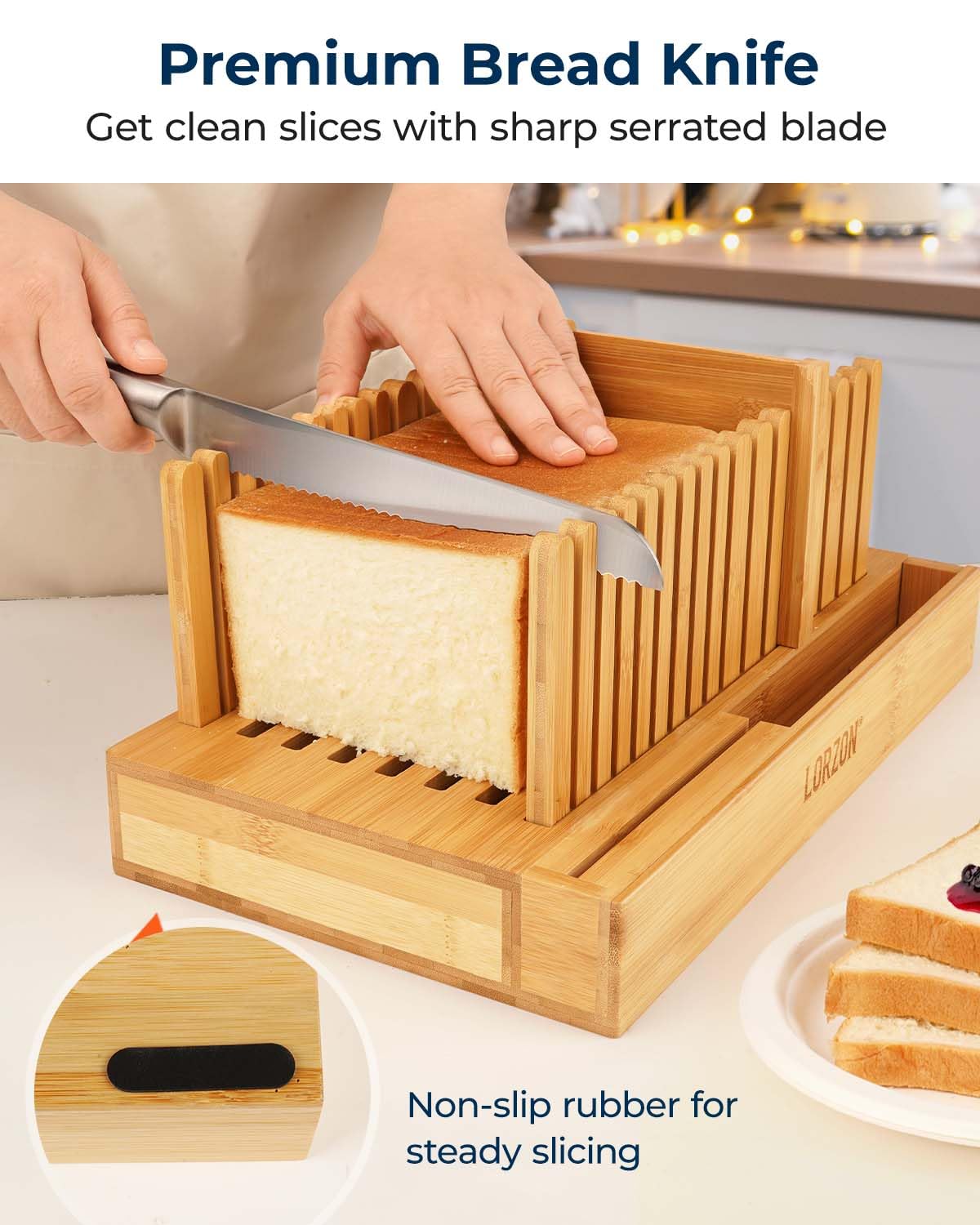 Lorzon Bamboo Bread Slicer with Bread Knife, Bread Cutting Guide with Storage Bag, Compact Bread Slicing Guide for Homemade Bread [Patent Pending]