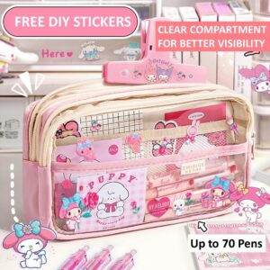 etnoreun Kawaii Cute Clear Pencil Case with Free Stickers Pen Pouch Spacious Multiple Compartments (Pink)