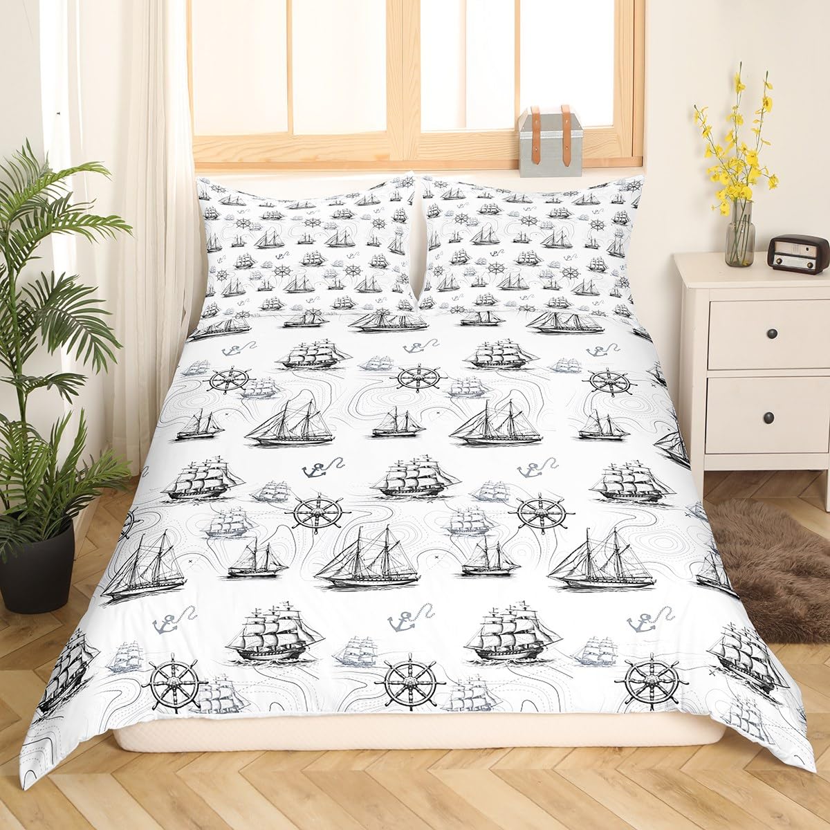 Feelyou Nautical Bedding Set Full Size Boat Print Comforter Cover Set for Kids Teens Adults Ancher Pattern Duvet Cover Ocean Themed Black White Bedspread Cover Room Decor 3Pcs with 2 Pillow Case