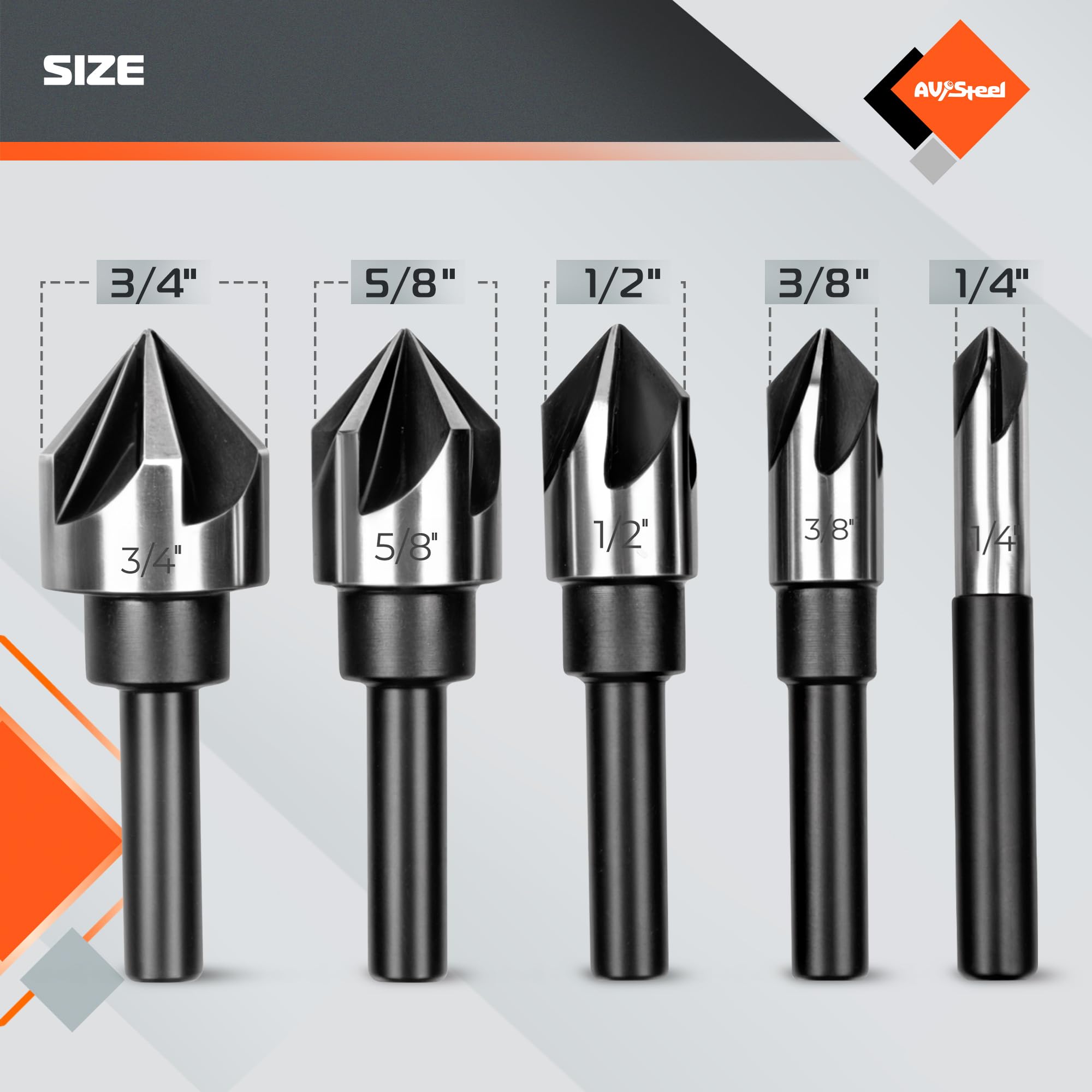 AV Steel Countersink Drill Bit Set, Countersink Bit, HSS4241 Counter Sink, 82 Degree Countersink 1/4'' 3/8'' 1/2'' 5/8'' 3/4'', 5 Flute Pcs for Wood, Plywood, Plastic, Mild Steel with Aluminum Case