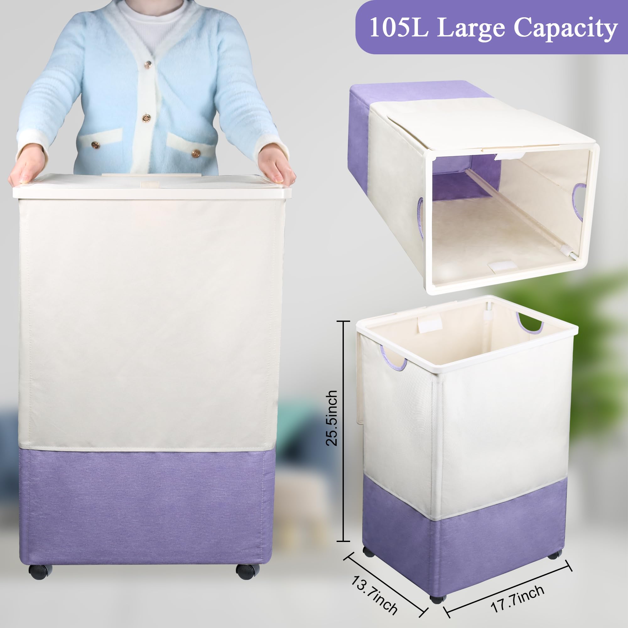 Laundry Basket with Wheels- guofa 105L Large Laundry Hamper with Lid, Upgraded Freestanding Dirty Clothes Hampers with Removable Laundry Bags for Home Storage