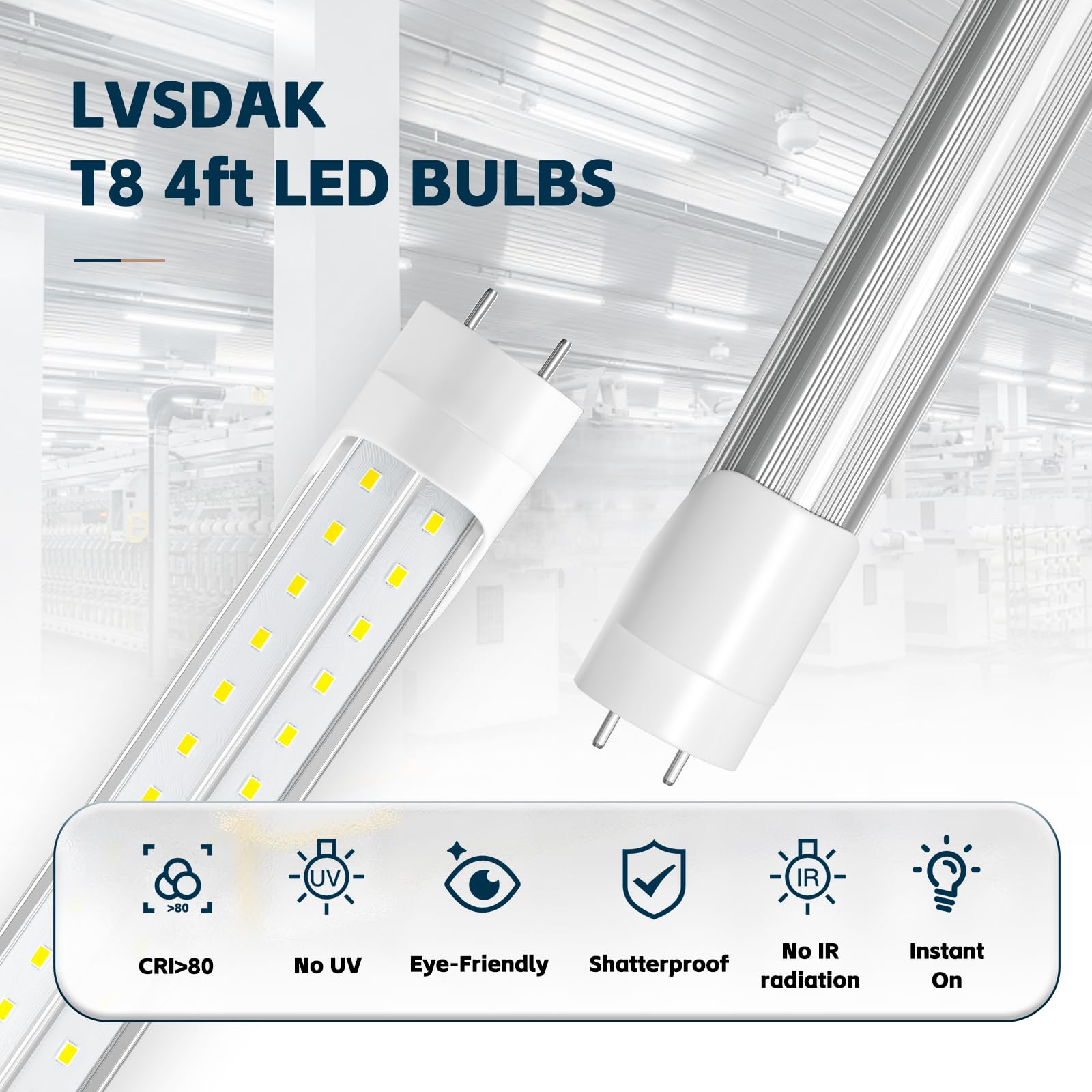 lvsdak T8 Led Bulbs 4 Foot, 5000K 45W 5850LM 24-Pack, 4ft Ballast Bypass Led Bulbs Super Bright LED Daylight, Fluorescent Light Replacement, T8 4' Led Tube Shop Light for Workshop Garage Warehouse