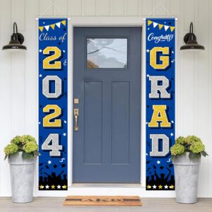 PlandRichW Graduation Banner Class of 2024, Large Blue & Gold Congrats Grad Porch Sign Doorway Welcome Graduation Decoration Celebration Supplies