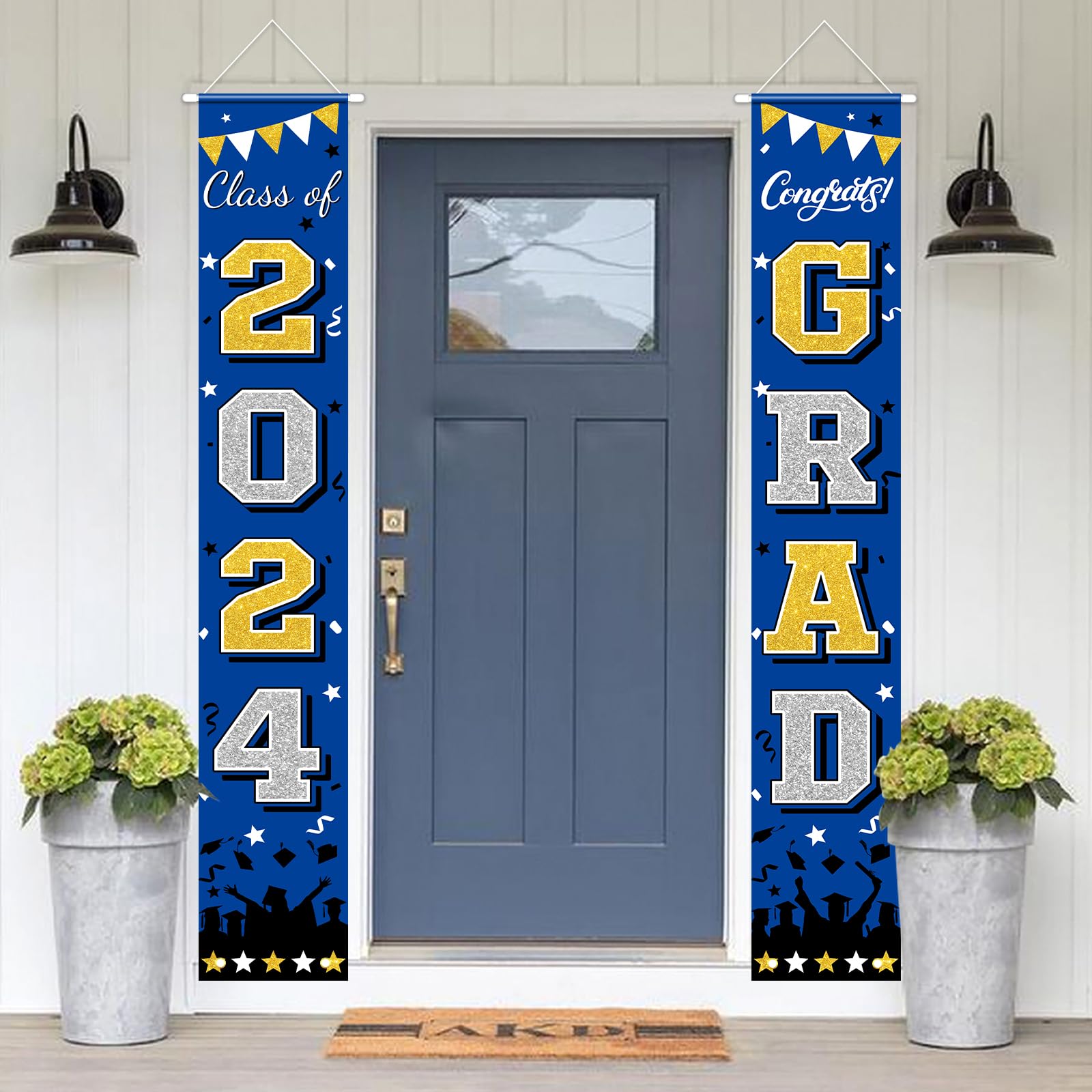 PlandRichW Graduation Banner Class of 2024, Large Blue & Gold Congrats Grad Porch Sign Doorway Welcome Graduation Decoration Celebration Supplies