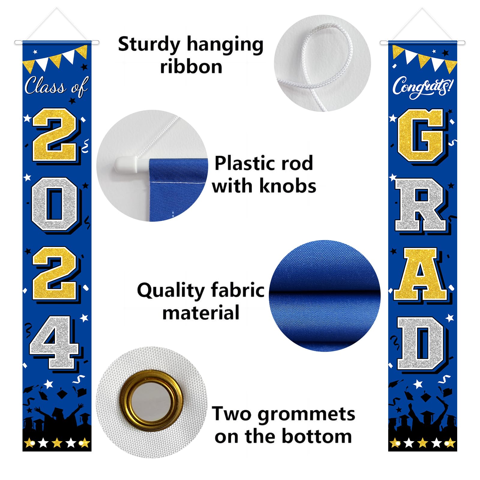 PlandRichW Graduation Banner Class of 2024, Large Blue & Gold Congrats Grad Porch Sign Doorway Welcome Graduation Decoration Celebration Supplies