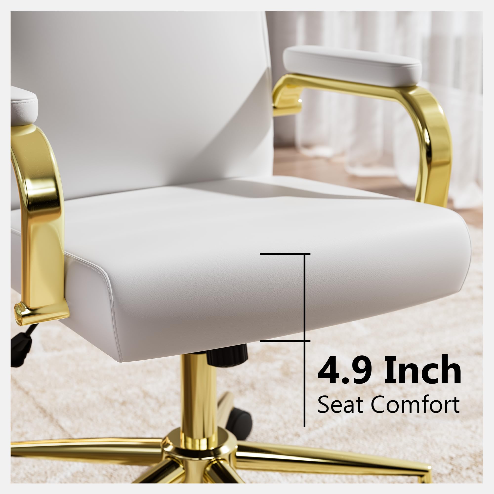 GXJ White and Gold Office Chair, Leather Desk Chair with Wheels and Arms, High Back Executive Computer Chair for Girl and Women