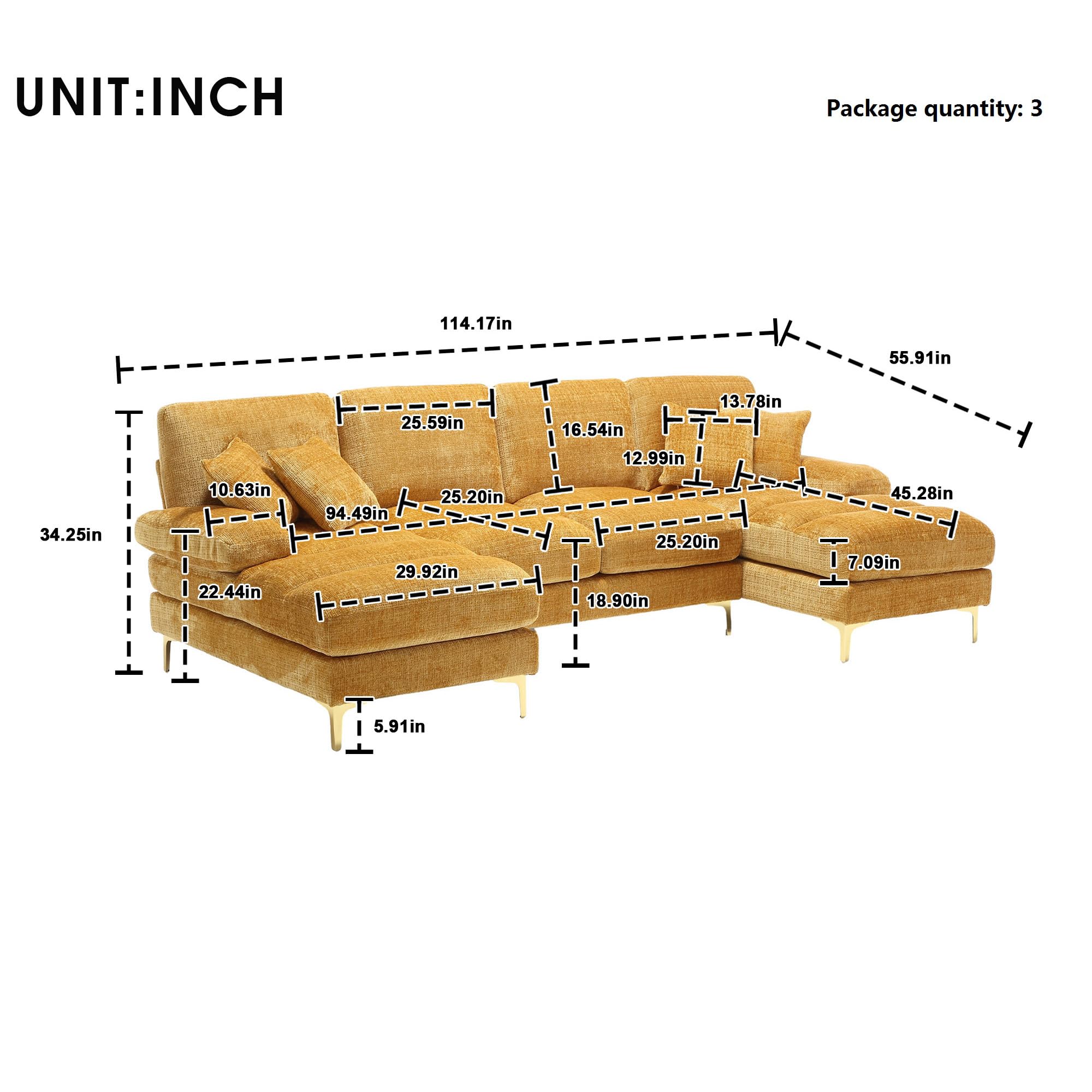 SULOPS Chenille Modern Large Accent Sofa Cloud Couch, 114" Wide U-Shaped 4-6 Seat Living Room Sofa Set, Indoor Modular Sectional Sofa Couches with 2 Chaise Lounges (Yellow-Wave)