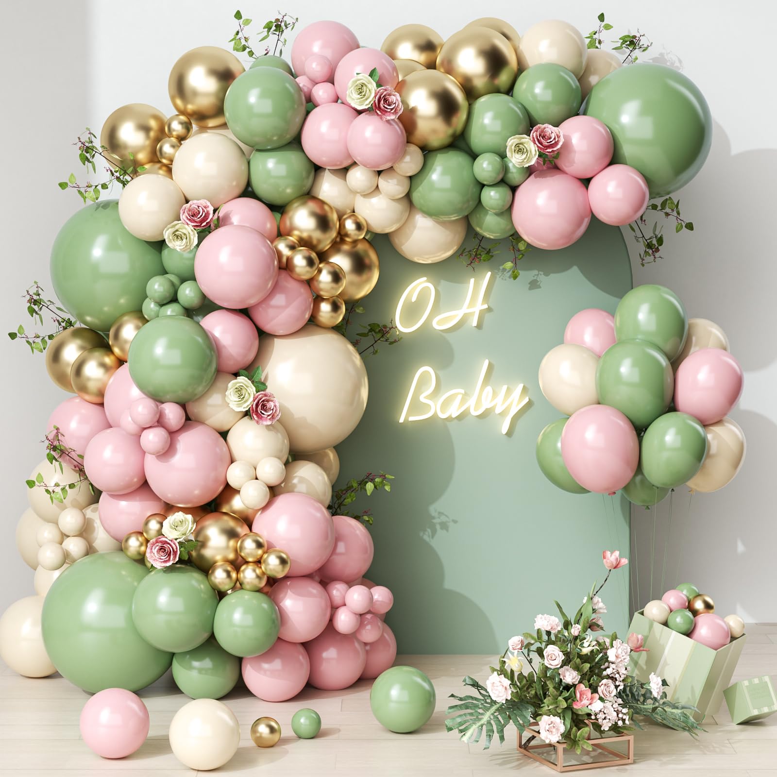 Pink and Green Balloons Garland Arch Kit-139pcs Sage Green Pink White Sand Chrome Gold Balloons for Girls Birthday Jungle Safari Baby Shower Bridal Shower Woodland Party Decorations