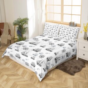 Feelyou Nautical Bedding Set Full Size Boat Print Comforter Cover Set for Kids Teens Adults Ancher Pattern Duvet Cover Ocean Themed Black White Bedspread Cover Room Decor 3Pcs with 2 Pillow Case