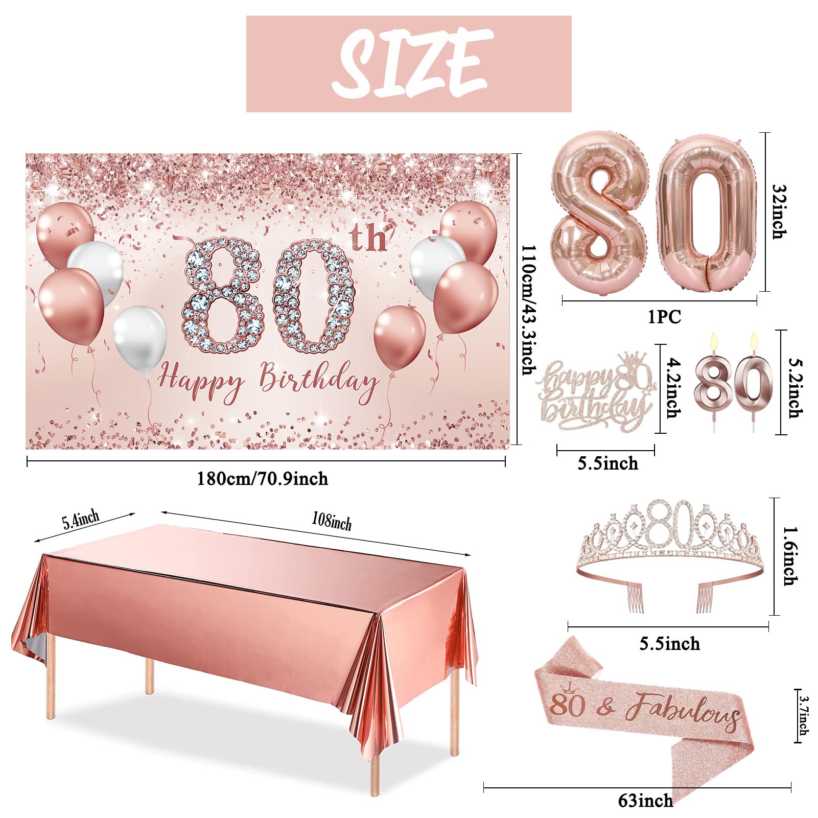 Trgowaul 80th Birthday Decorations Party Set for Women, Rose Gold 80 Birthday Banner and Tablecloth, 80 & Fabulous Sash and Tiara, 1PC Happy 80th Birthday Cake Topper, Pink Gold 80 Number Balloons