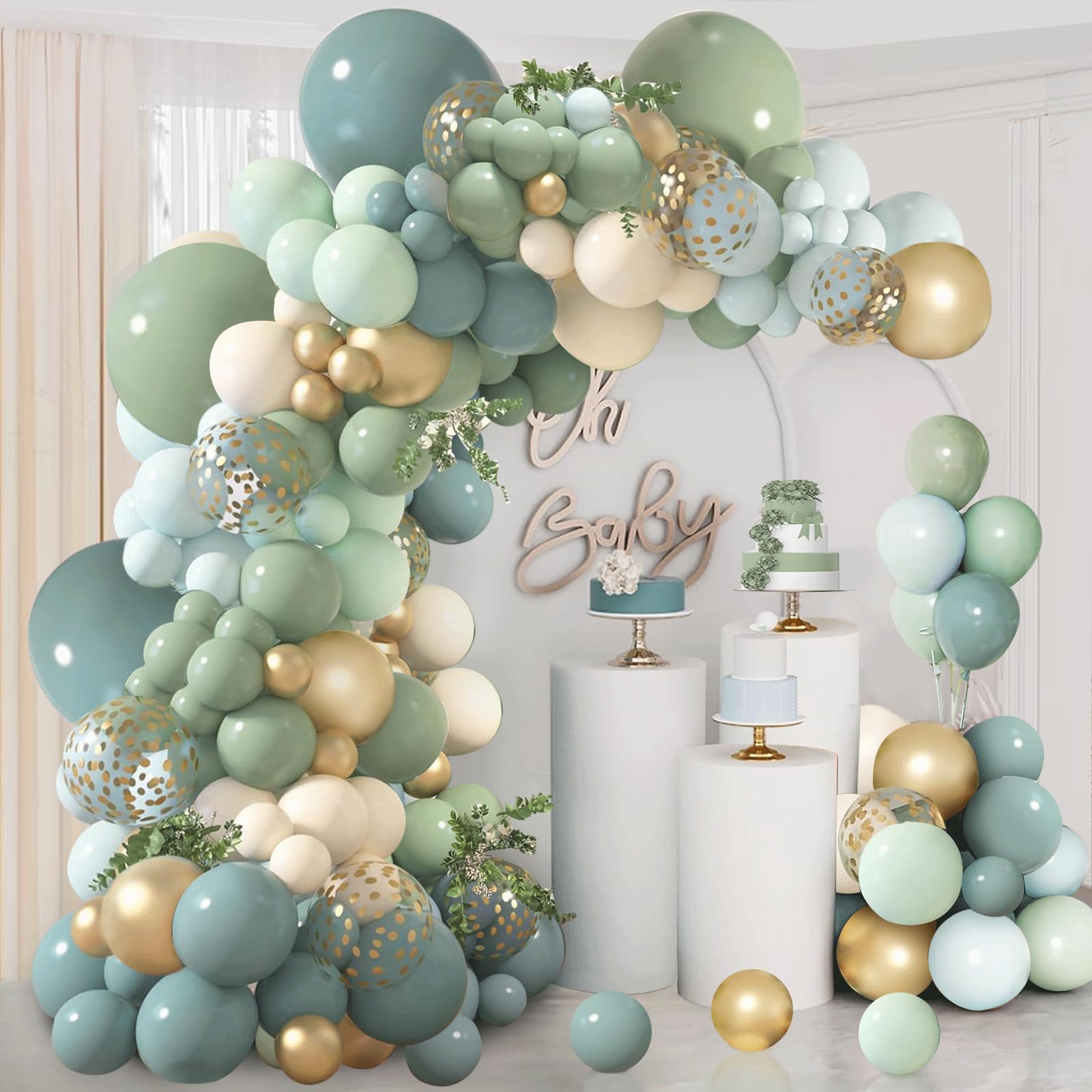 Dusty Blue Sage Green Balloon Arch Kit, Pastel Blue Green Sand White Gold Confetti Balloons Garland Kit for Baby Shower Wedding Bridal Boho Birthday Party Backdrop Decorations……