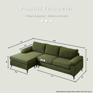 XIZZI 100" Corduroy Sectional Sofa Couches for Living Room,Green L Shaped Sofa Couch with Reversible Chaise,Comfy 3 Seat Reversible Sofa for Bedroom Office Apartment Convertible Couch (Green)