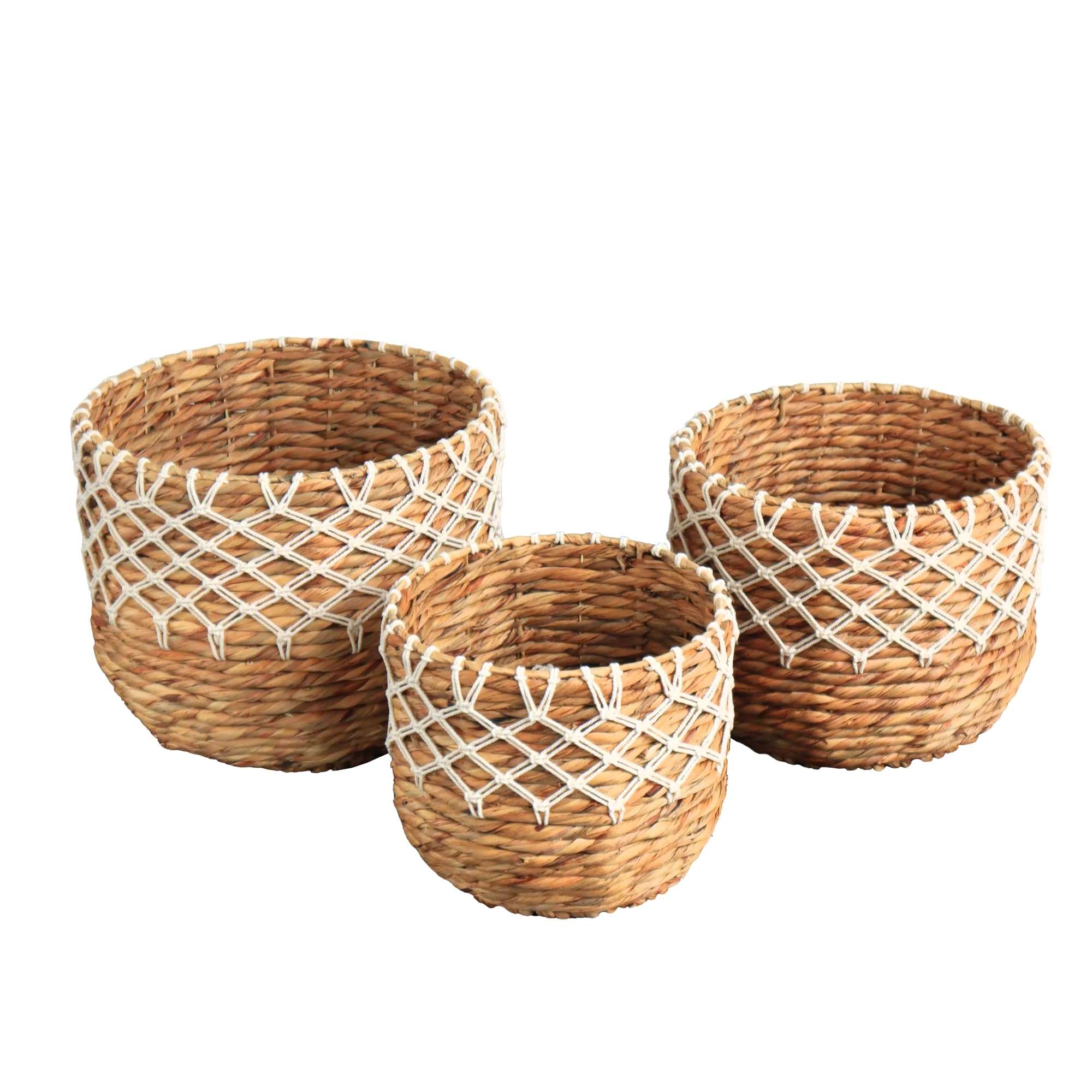 Eden Grace Handwoven Wicker Baskets, Twisted Weave with Macrame Accent - Round, Artisan Craftsmanship for Stylish Organization 1-Large