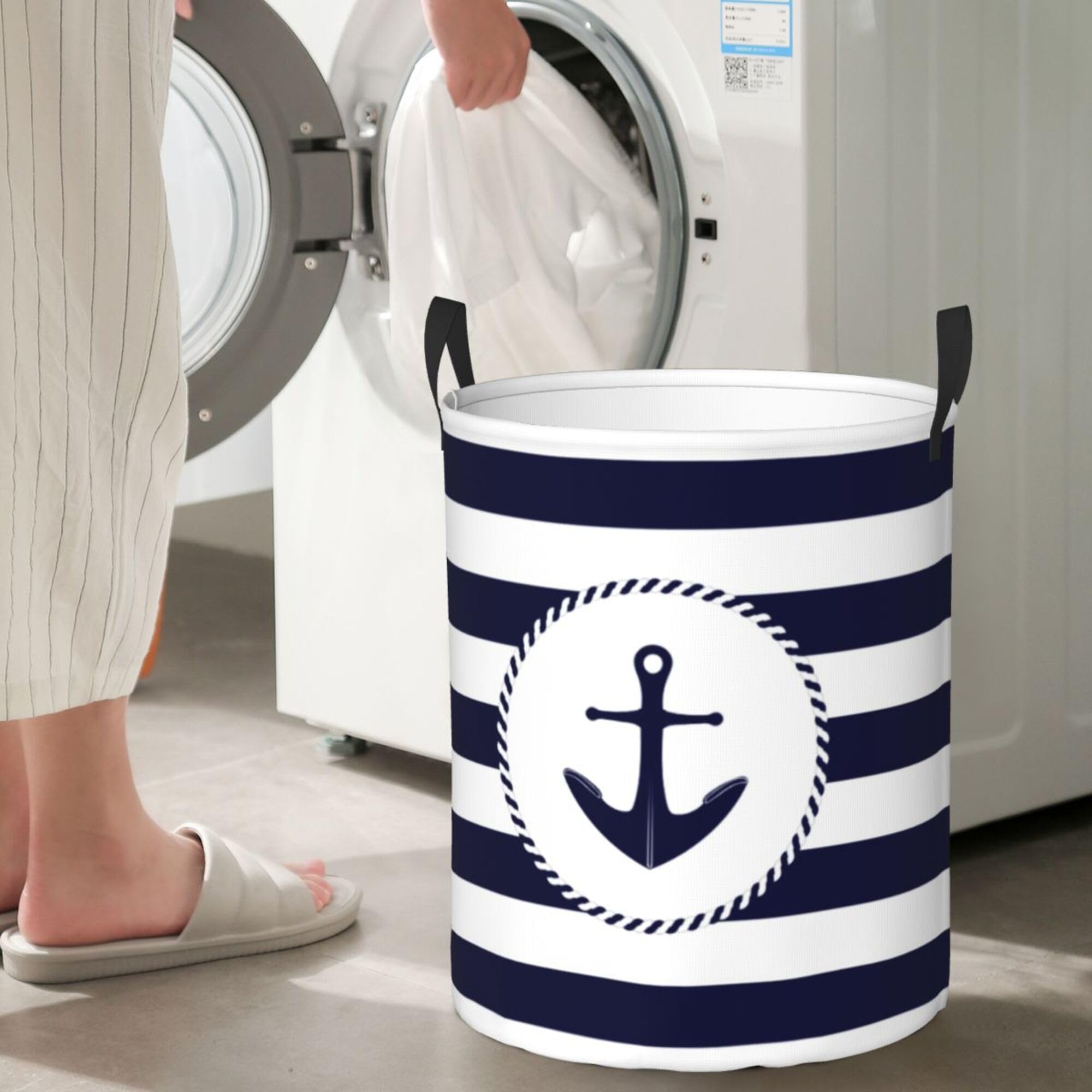 Large Laundry Hamper Bag, Anchor Navy and White Nautical Laundry Basket Collapsible Dirty Clothes Storage Washing Bin for Bathroom, Dorm Essentials