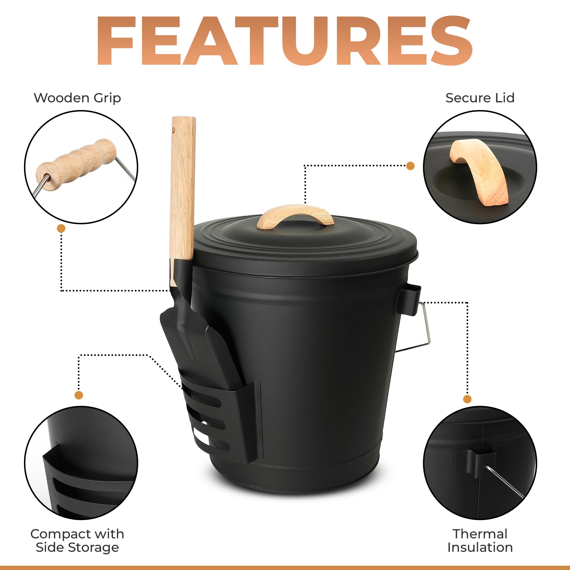 Heavy-Duty Fireplace Ash Bucket with Lid, Handle and Shovel, Large Metal Coal Hod for Wood Stoves, Fireplaces, and Outdoor Fire Pits, Heat-Resistant 10x10x13 Inches (5.2 Gallon)