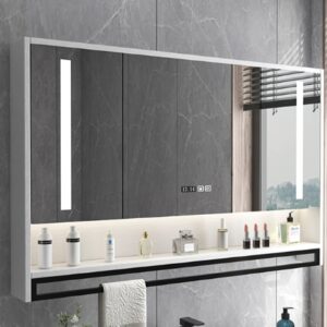 medicine cabinet with hd mirror，bathroom mirror with anti fog，modern smart medicine cabinet mirror with led lights，bathroom storage organizer clock and temper display，with towel bar，touch switch ( col