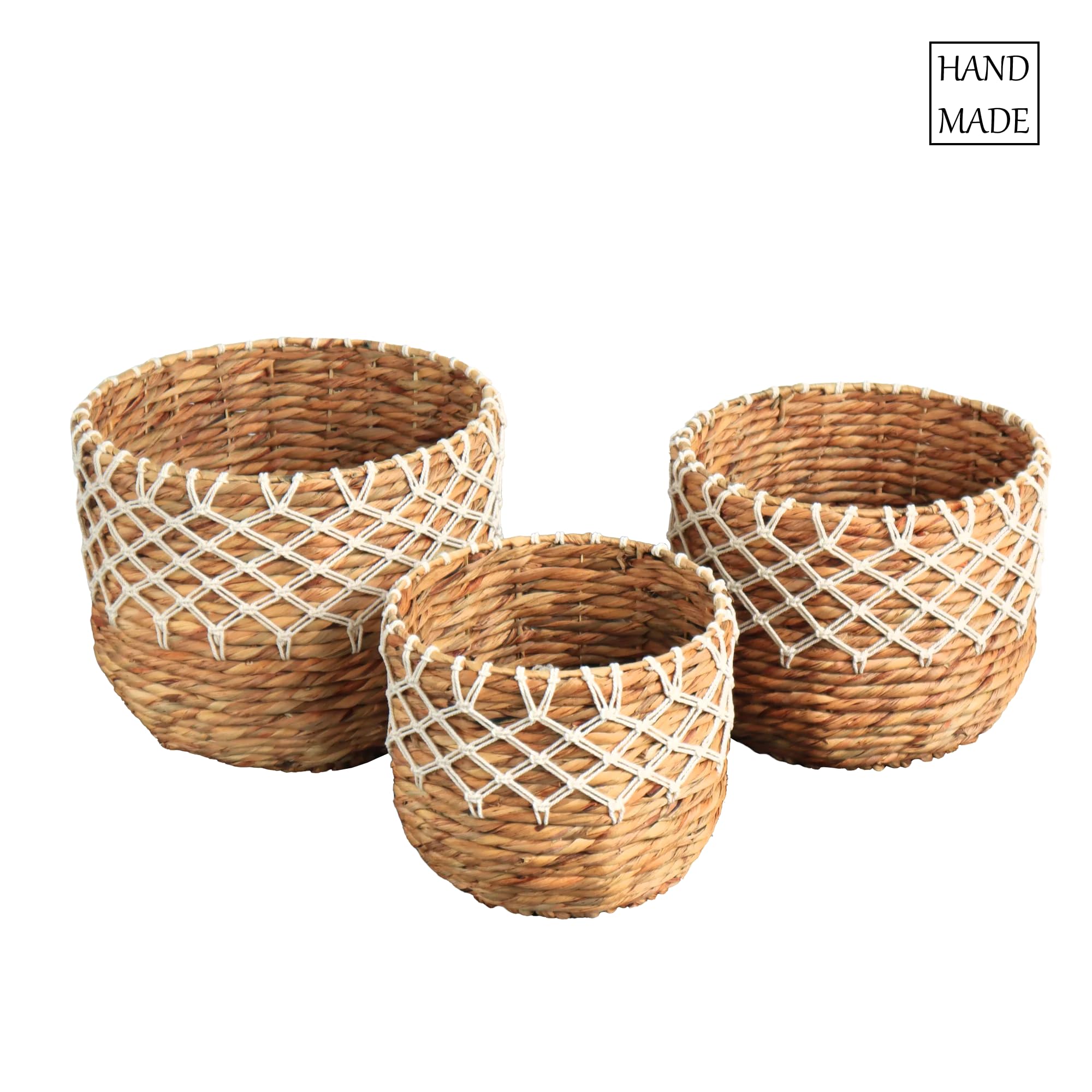 Eden Grace Handwoven Wicker Baskets, Twisted Weave with Macrame Accent - Round, Artisan Craftsmanship for Stylish Organization 1-Large