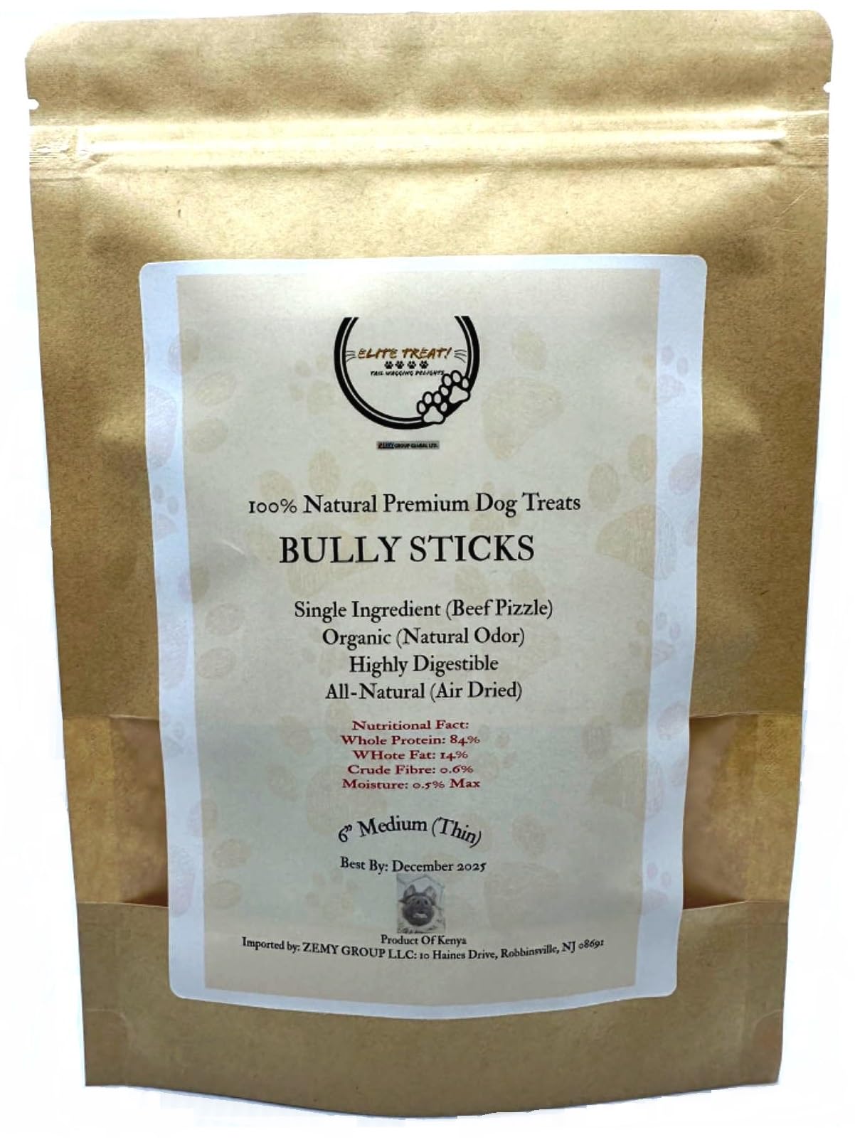 ELITE TREAT Natural Odor Bully Sticks for Dogs，Healthy Long Lasting Pizzle Chews (6 Inch, 24 Pack)，All Natural，Free Range 100% Grass-Fed Beef，Grain-Free (Medium/Thin)