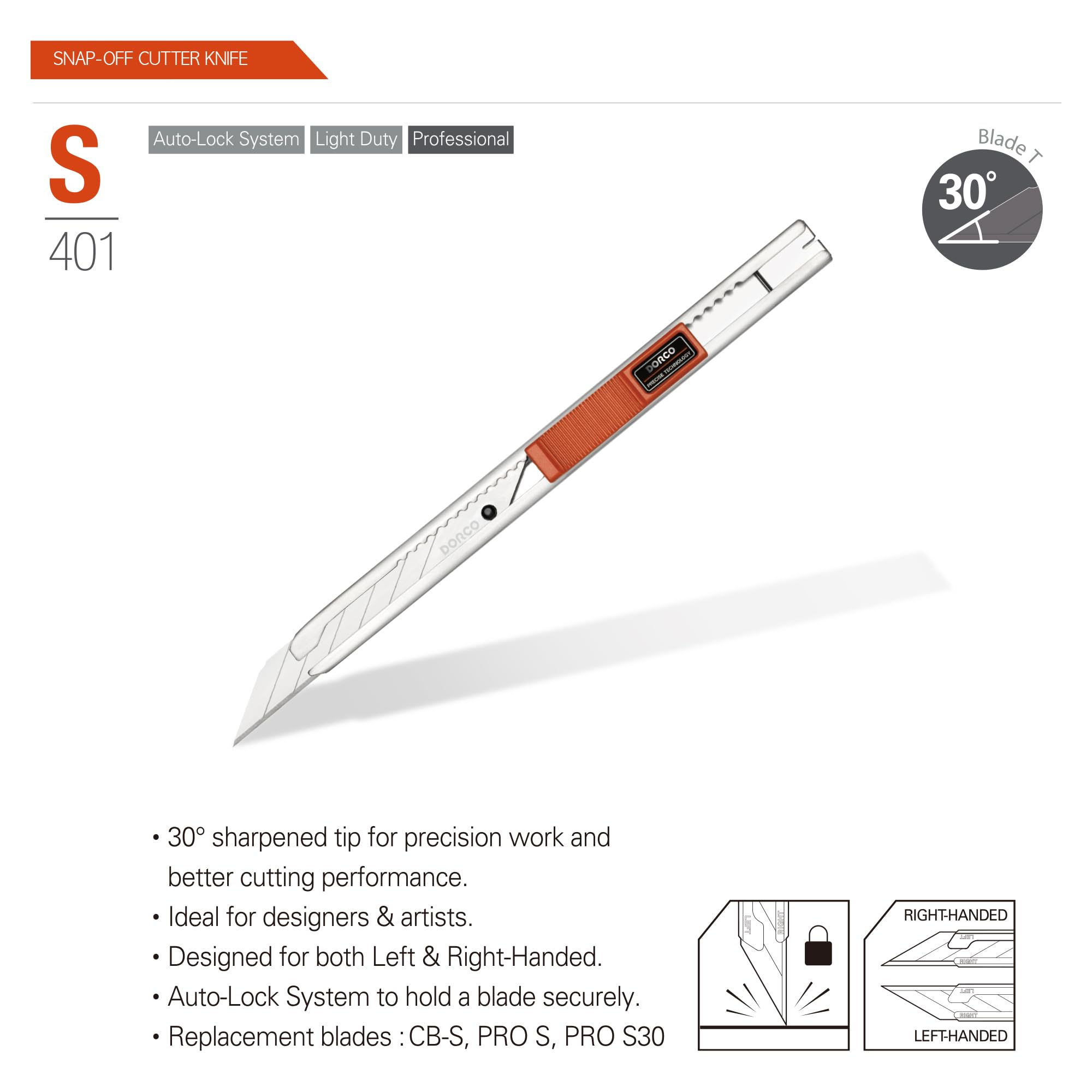 DORCO S401 Specialty Utility Knife (2 Pack) – 30° Angle Blade, Professional Craft & Design Tool for Artists and Designers – Ergonomic, Left & Right-Handed