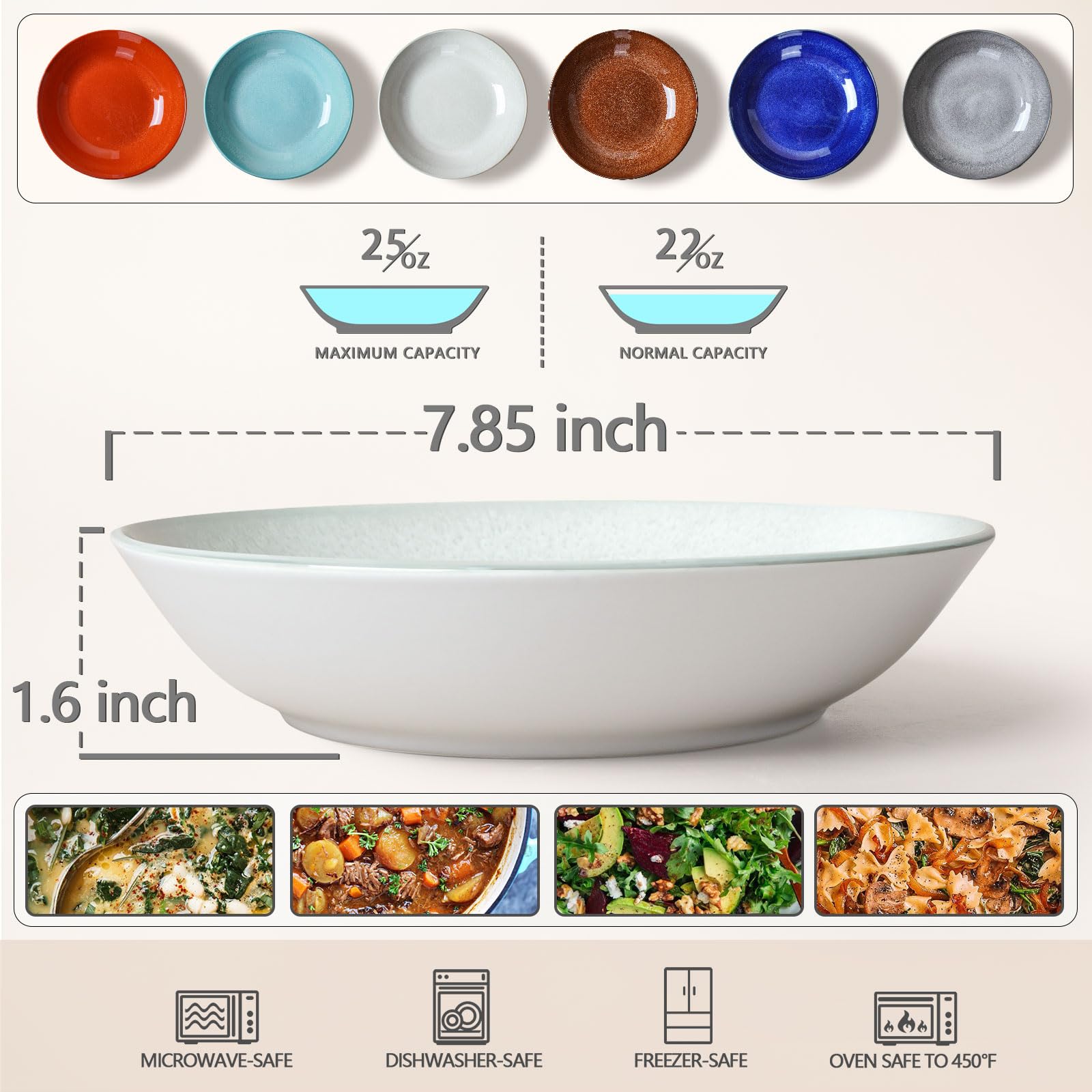 Wareland Pasta Bowls Set of 6, 25 Ounce Ceramic Salad Bowls, 7.85 Inch Dinner Plates, Serving Bowls for Party, Plates and Bowls Sets, Shallow Soup Bowls, Microwave Dishwasher Safe, Multicolored