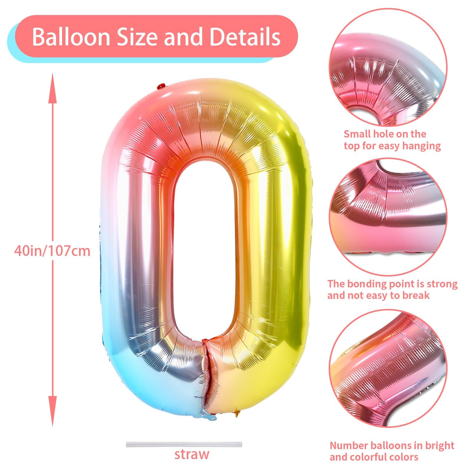 Rainbow Number 10 Balloons, 10th Birthday Balloon, 40inch Gradient 10 Balloon Numbers, Large Self Inflating Foil Balloon, 10th Birthday Decorations for Kids Birthday, 10 Anniversary Decorations