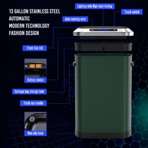 Fulocseny Smart Automatic Trash Can, 13 Gallon 50 L Stainless Steel Thickened Body Mute Sensor Lid with 30 Count Garbage Bags, Kitchen, Office and Bedroom for Garbage Can, Green