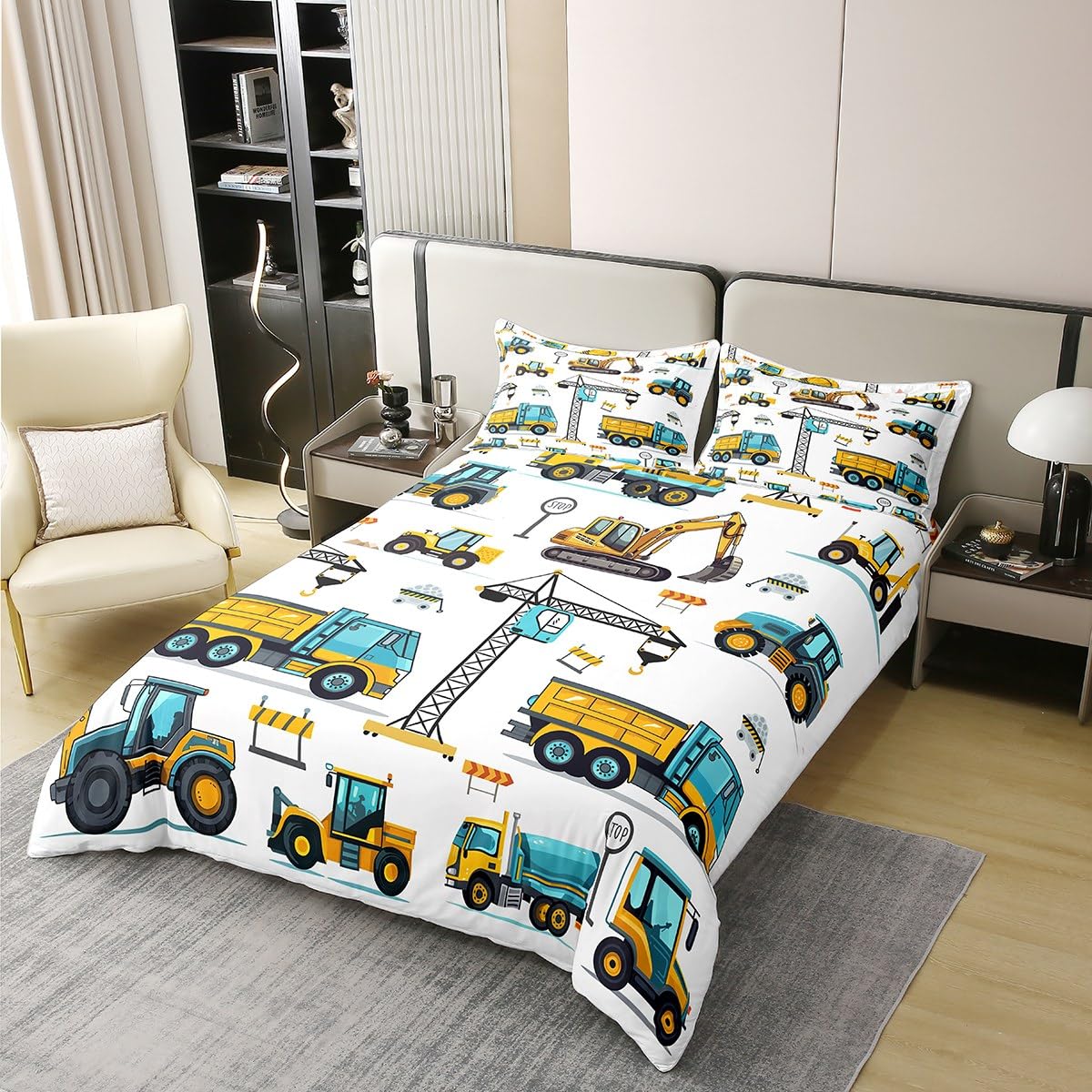 Erosebridal Kids Construction 100% Cotton Twin Bedding Sets for Boys,Excavator Trucks Comforter Cover Cartoon Tractor Car Vehicle Toddler Bed Set Yellow Blue (1 Duvet Cover and 1 Pillow Case)