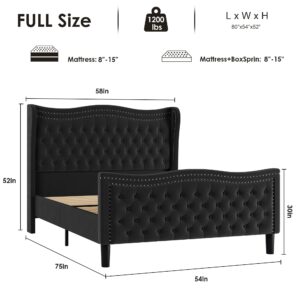 Generic Full Bed Frame, 52"" Headboard Upholstered Bed with Tall Footbaord, Velvet Upholstered Deep Button Tufted Wingback Platform Bed, No Box Spring Required/Wood Slat Support/Black