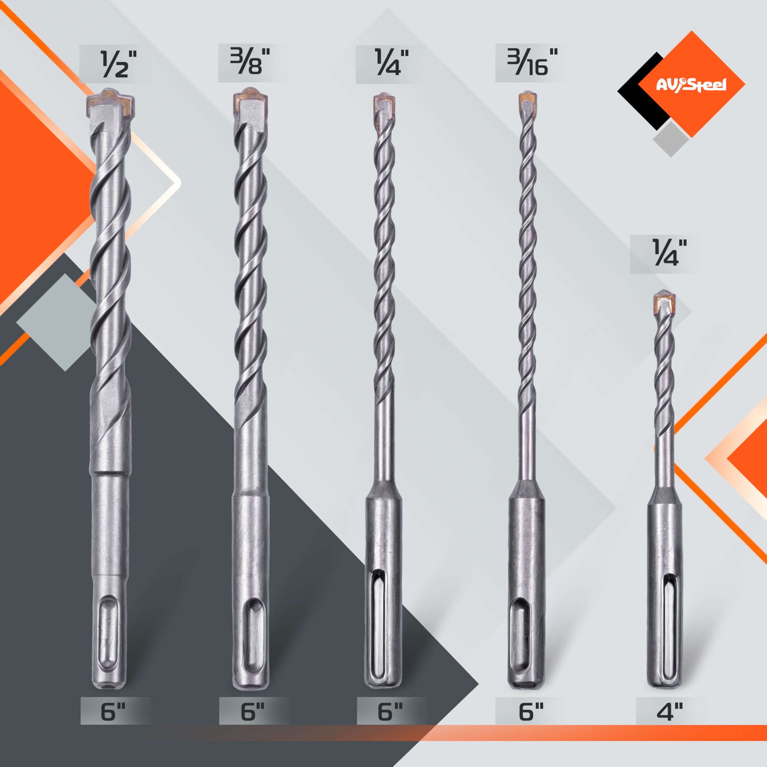 AV Steel 5-Piece SDS Plus Rotary Hammer Drill Bits, Masonry Drill Bits, Carbide Tipped SDS Drill Bit Set for Drilling, SDS Plus Drill Bit Set for Brick, Masonry, Block, Concrete with Storage Case