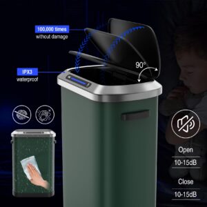 Fulocseny Smart Automatic Trash Can, 13 Gallon 50 L Stainless Steel Thickened Body Mute Sensor Lid with 30 Count Garbage Bags, Kitchen, Office and Bedroom for Garbage Can, Green