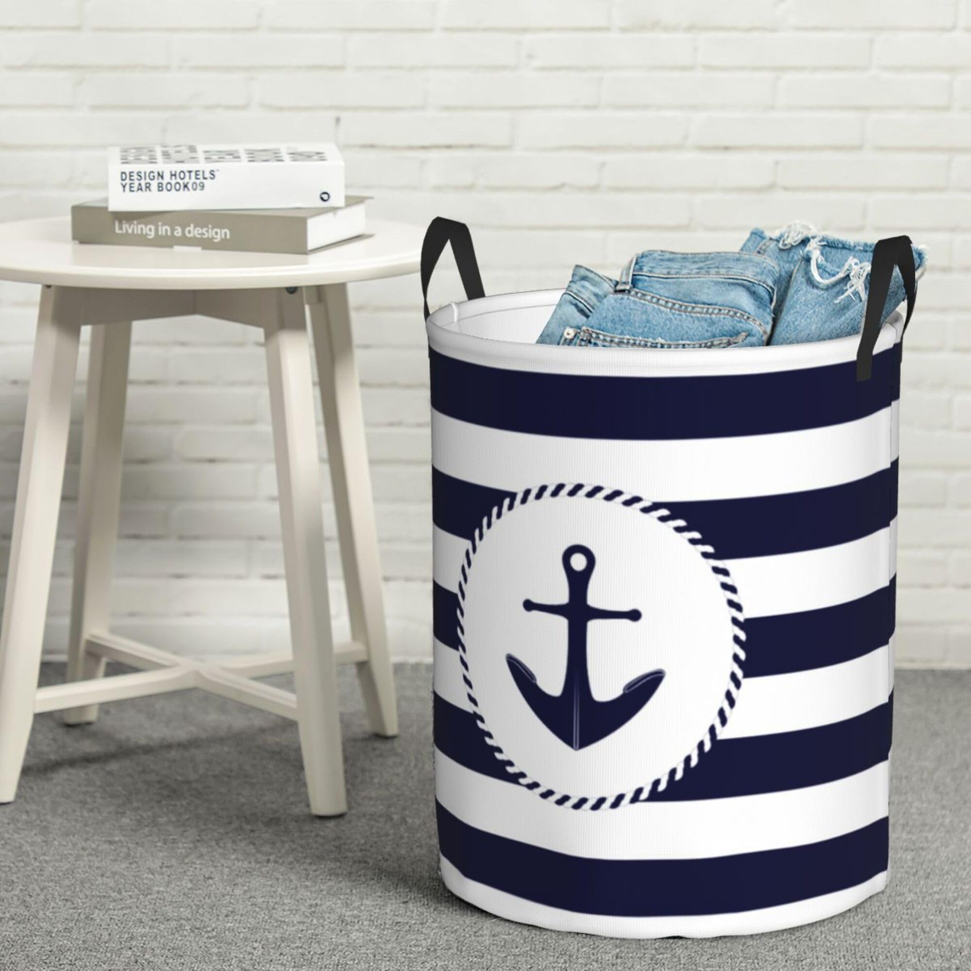 Large Laundry Hamper Bag, Anchor Navy and White Nautical Laundry Basket Collapsible Dirty Clothes Storage Washing Bin for Bathroom, Dorm Essentials