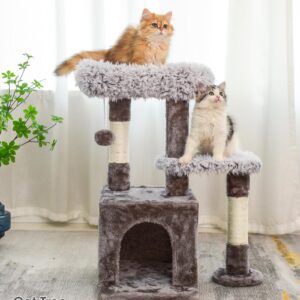 Cat Tree-Cat Tower Multi-Level Interactive 26.8 Inch Small Cat Tree Tower with Scratching Post for Climbing, Resting, and Claw Sharpening Sturdy Cat Furniture-White & Gray