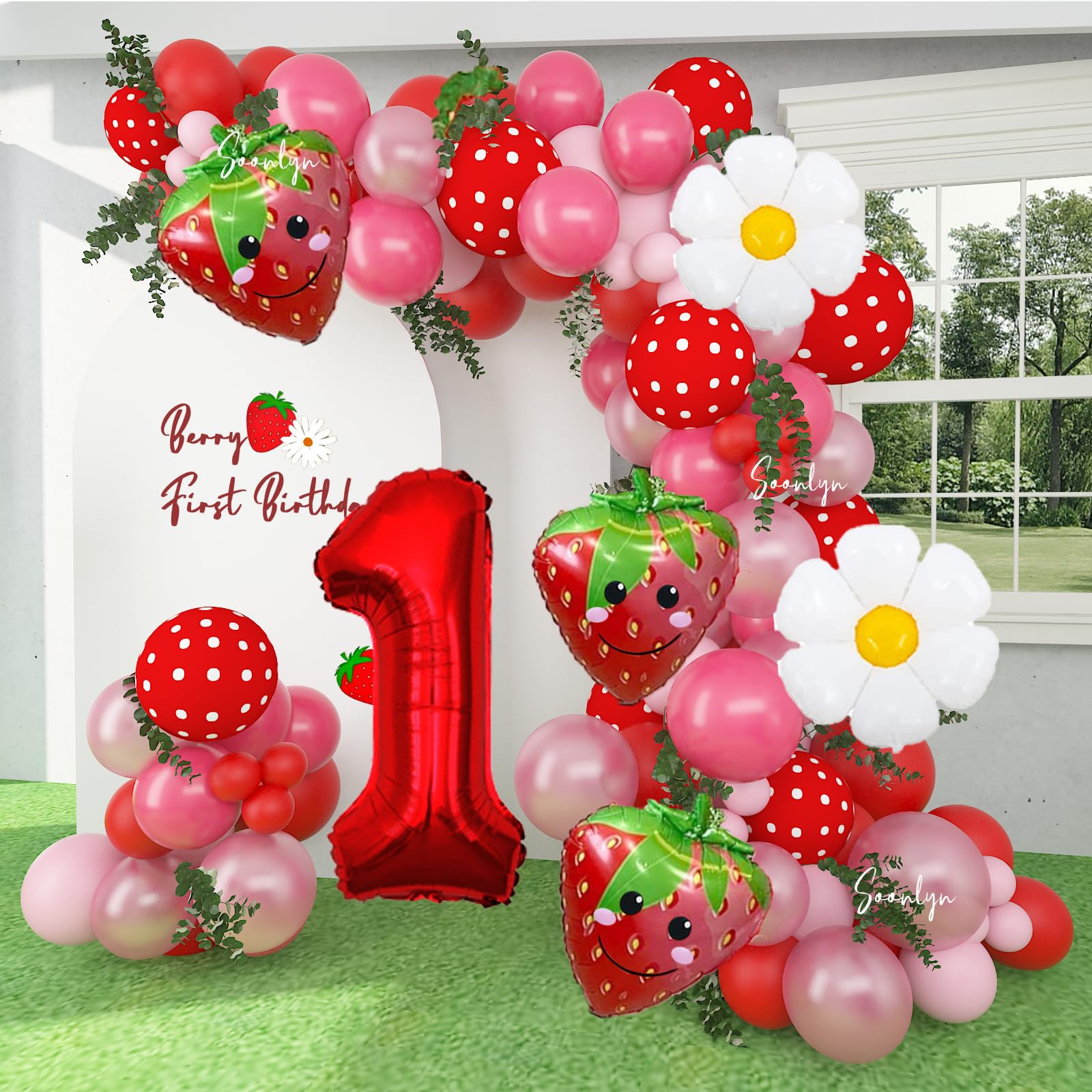 Soonlyn Berry First Birthday Decor 12Ft Strawberry Balloon Arch Kit with Strawberry Balloons Garland Foil First Daisy Dalloons for First Birthday Sweet Baby Shower