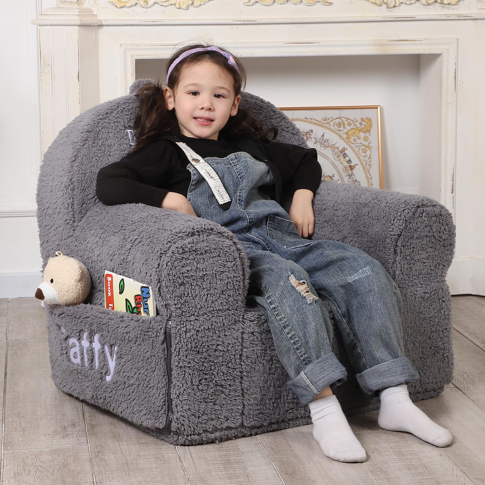 MOMCAYWEX Personalized Kids Chair, High Back Toddler Sherpa Chair, Customize with Name, Grey