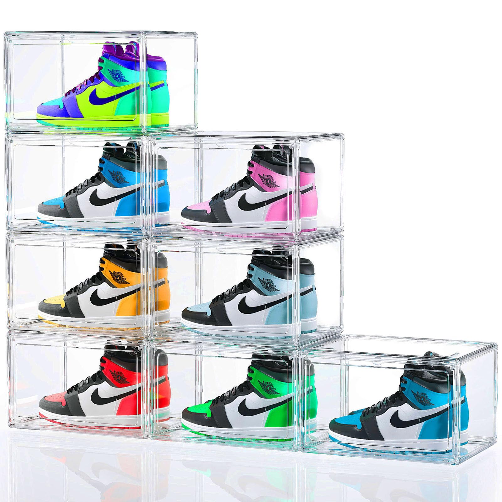 HIYOHIYO 8 Pack 360° Acrylic Clear Shoe Organizer for High-end Sports Shoes, All Clear Display Shoe Storage Box, Fully Transparent Display Case with Magnetic Door, Fit Size 14 (14.2"x10.6"x7.8")