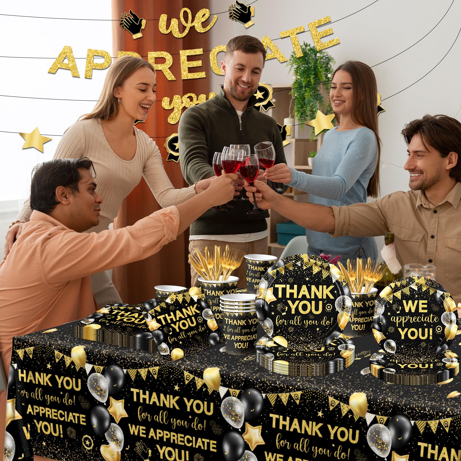 Appreciation Decorations,Black and Gold Thank You Plates And Napkins 142pcs Thank You For All You Do Party Plates Napkin Cups Tablecloth For We Appreciate You Party Supplies