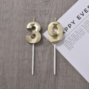 2 inch Gold 39 Birthday Candles, 3D Diamond Number 39th Cake Topper for Boys Girls Birthday Party Decorations Theme Party