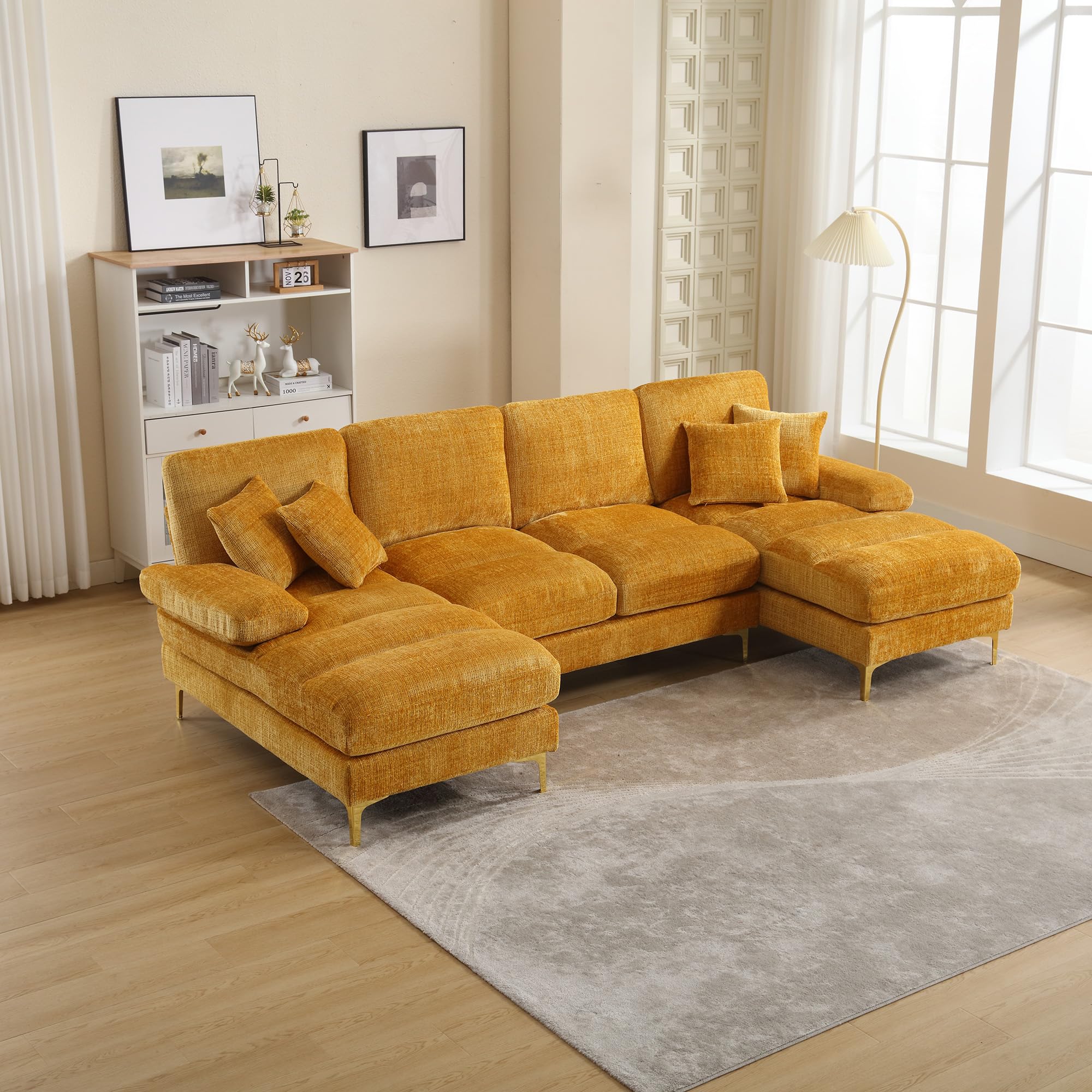 SULOPS Chenille Modern Large Accent Sofa Cloud Couch, 114" Wide U-Shaped 4-6 Seat Living Room Sofa Set, Indoor Modular Sectional Sofa Couches with 2 Chaise Lounges (Yellow-Wave)