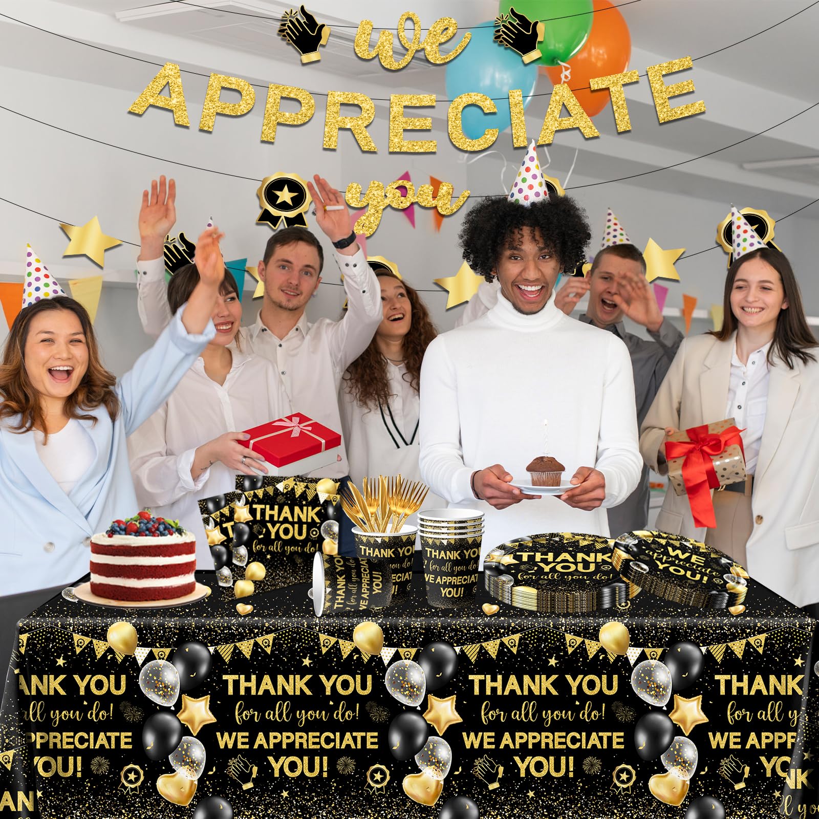 Appreciation Decorations,Black and Gold Thank You Plates And Napkins 142pcs Thank You For All You Do Party Plates Napkin Cups Tablecloth For We Appreciate You Party Supplies