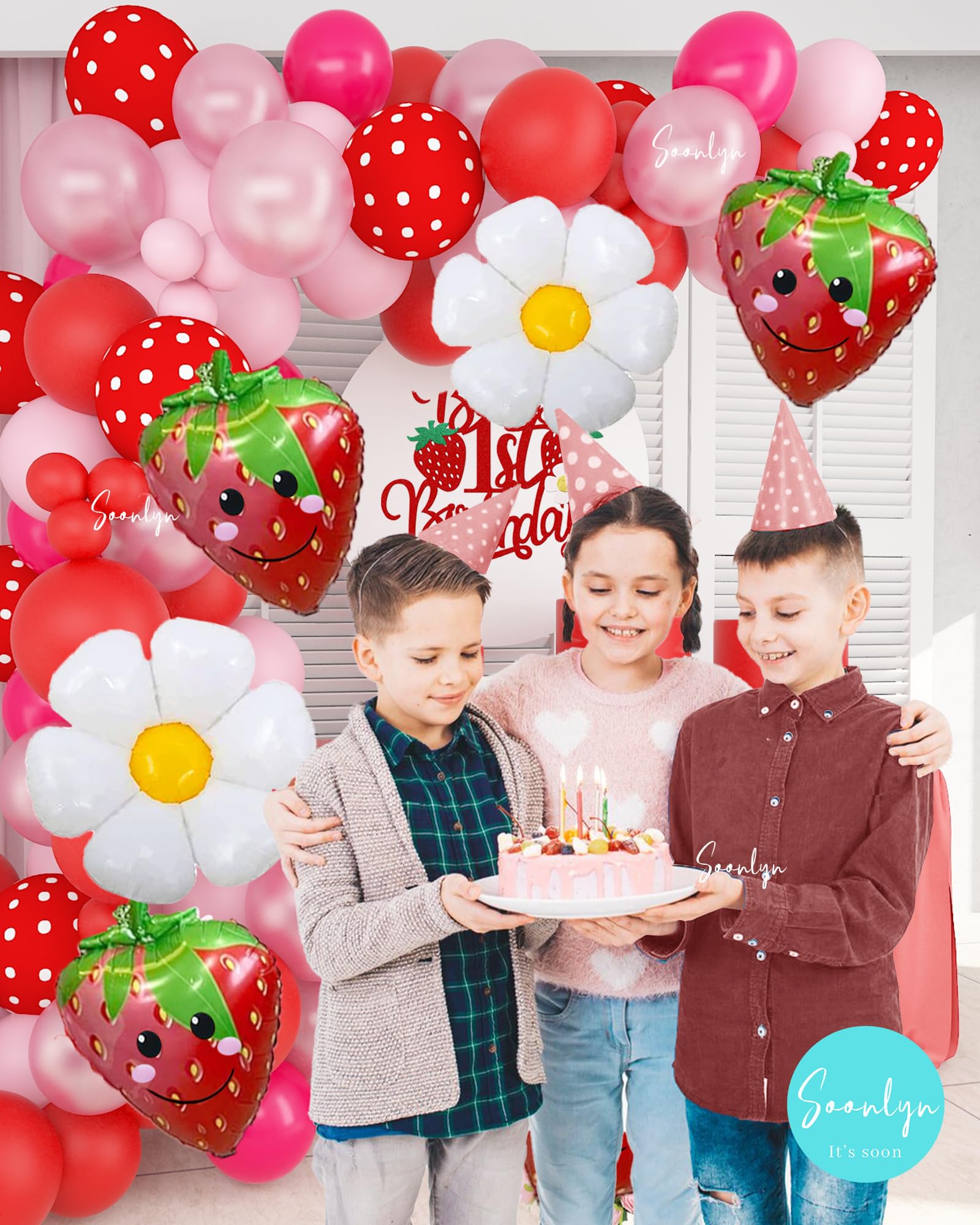 Soonlyn Berry First Birthday Decor 12Ft Strawberry Balloon Arch Kit with Strawberry Balloons Garland Foil First Daisy Dalloons for First Birthday Sweet Baby Shower