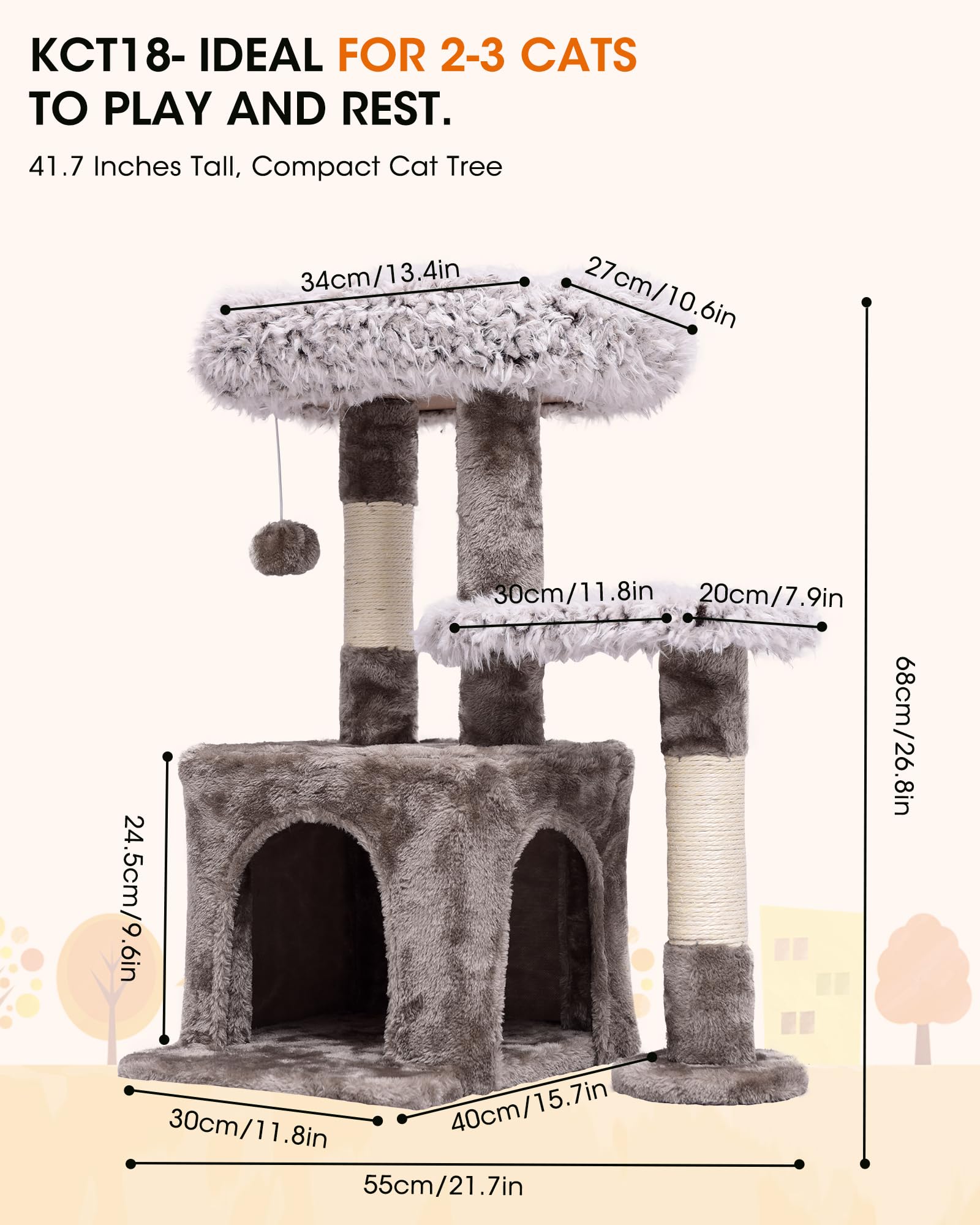 Cat Tree-Cat Tower Multi-Level Interactive 26.8 Inch Small Cat Tree Tower with Scratching Post for Climbing, Resting, and Claw Sharpening Sturdy Cat Furniture-White & Gray