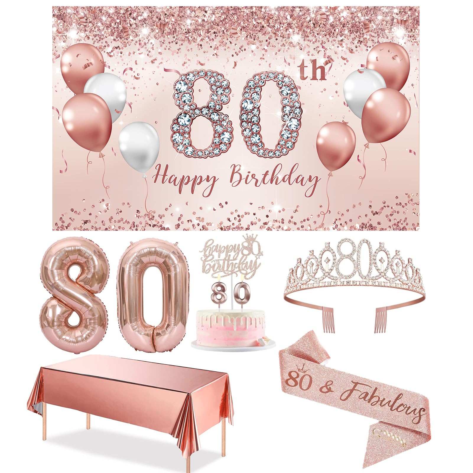 Trgowaul 80th Birthday Decorations Party Set for Women, Rose Gold 80 Birthday Banner and Tablecloth, 80 & Fabulous Sash and Tiara, 1PC Happy 80th Birthday Cake Topper, Pink Gold 80 Number Balloons