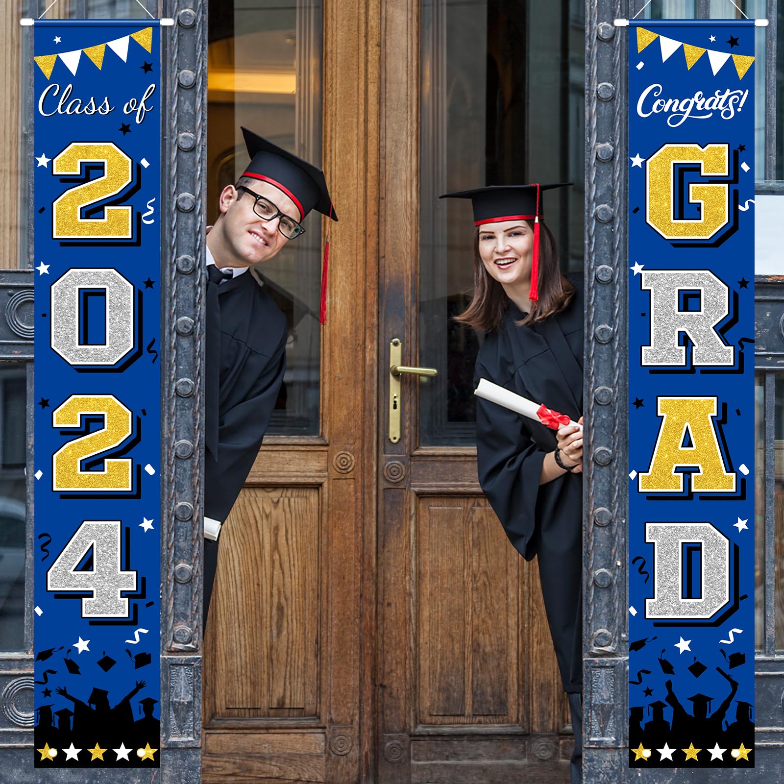 PlandRichW Graduation Banner Class of 2024, Large Blue & Gold Congrats Grad Porch Sign Doorway Welcome Graduation Decoration Celebration Supplies