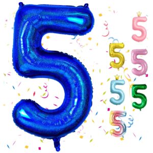 dark blue number 5 balloons, 5th birthday balloon, 40inch laser blue 5 balloon numbers, large self-inflating foil balloon, 5th birthday decorations for kids, 5 anniversary decorations