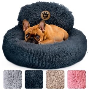 petjett calming dog bed - donut dog beds for small, medium, large dogs, anti-slip & washable round dog bed - fluffy plush faux fur pet bed, anti-anxiety puppy bed, 23'' fits up to 25 lbs, dark grey