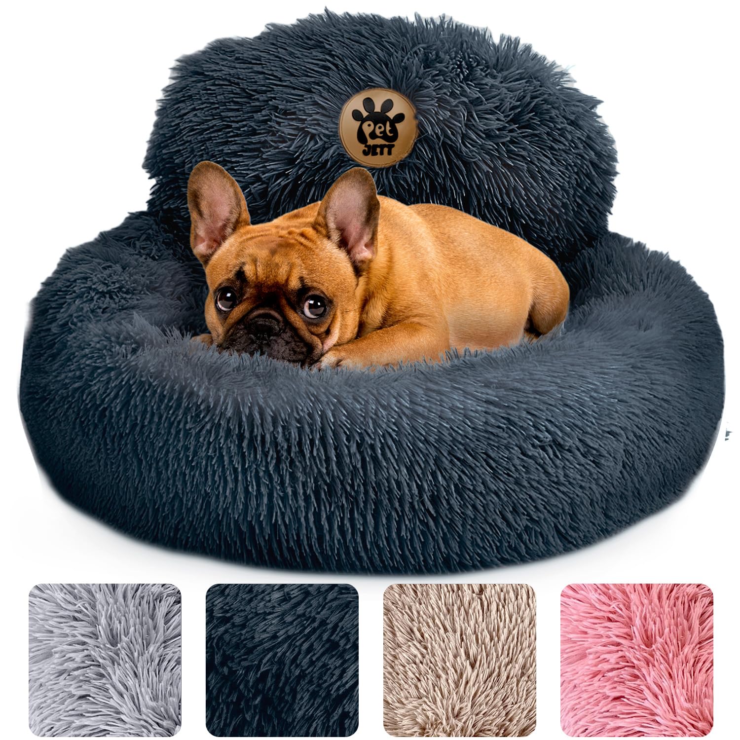 PetJett Calming Dog Bed - Donut Dog Beds for Small, Medium, Large Dogs, Anti-Slip & Washable Round Dog Bed - Fluffy Plush Faux Fur Pet Bed, Anti-Anxiety Puppy Bed, 23'' Fits Up to 25 lbs, Dark Grey