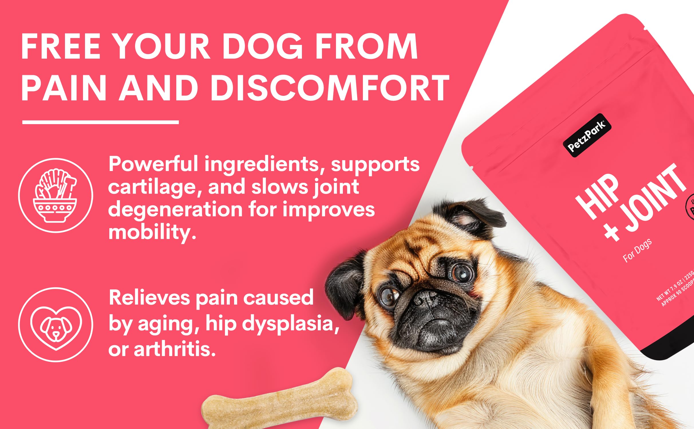 Petz Park Glucosamine for Dogs - Hip & Joint Support Powder with Chondroitin & MSM - Arthritis Pain Relief, Hip Dysplasia Treatment - 800mg Glucosamine - 45 Scoops