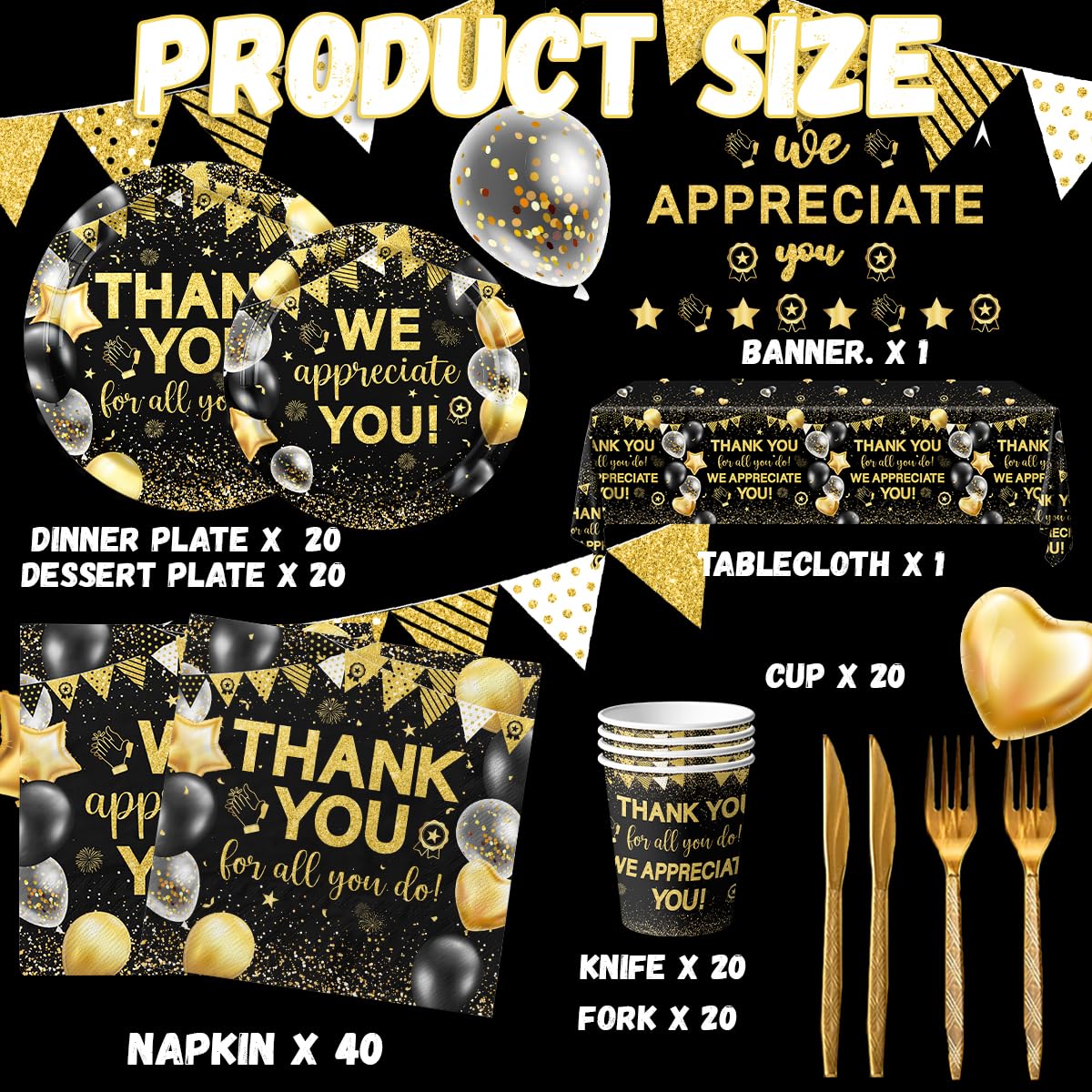 Appreciation Decorations,Black and Gold Thank You Plates And Napkins 142pcs Thank You For All You Do Party Plates Napkin Cups Tablecloth For We Appreciate You Party Supplies