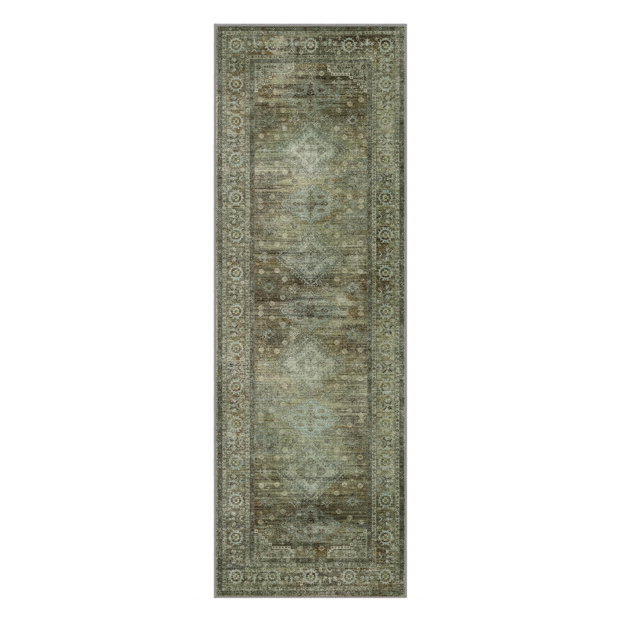 BEIMO Runner Rug 2x5 for Hallway Living Room Bedroom, Machine Washable Rug, Print Vintage Tribal Aesthetic Carpet, Low Pile Mat with Non Slip Rubber Backing, Distressed Sage